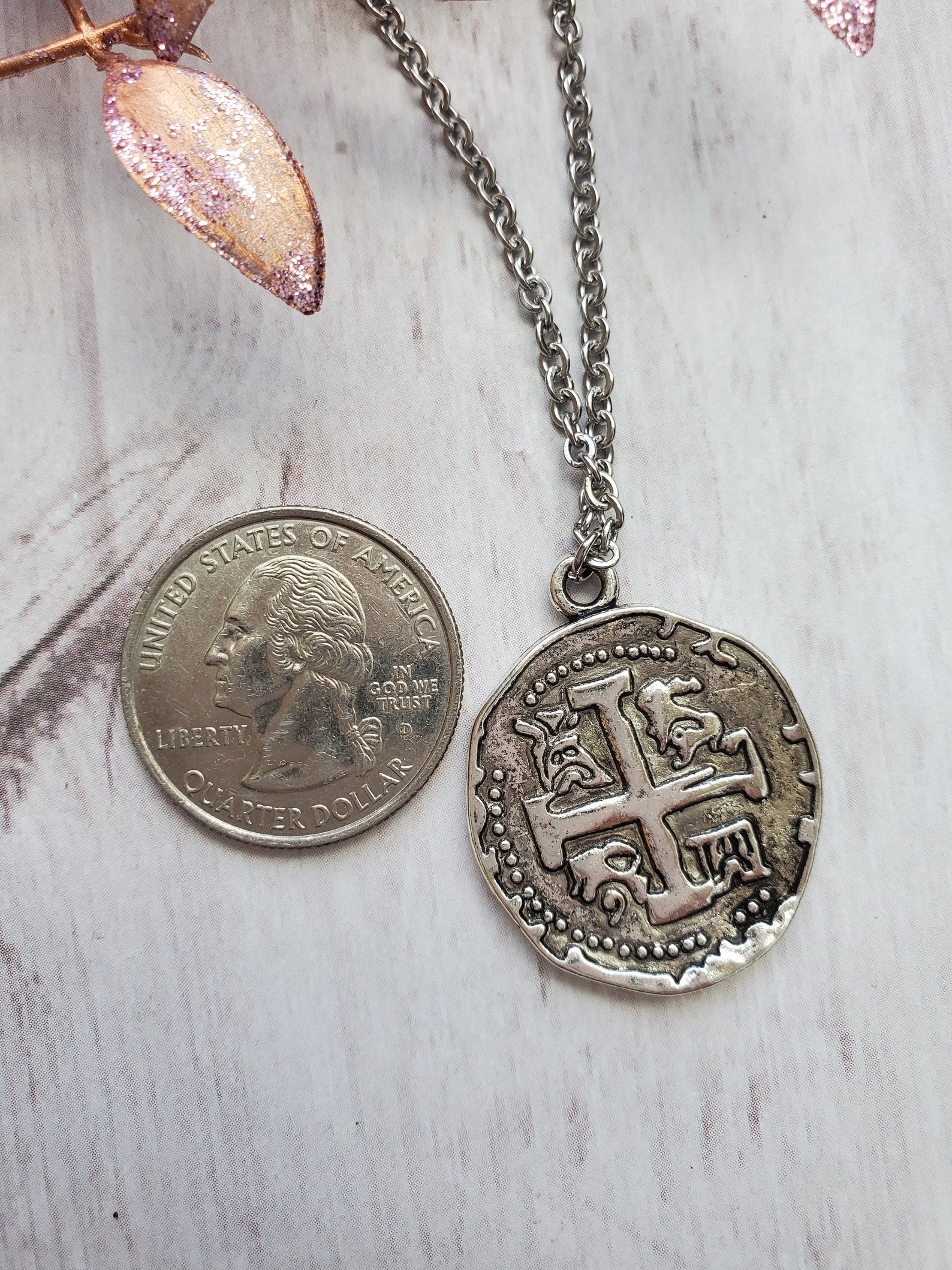 Rustic Doubloon Spanish Coin Necklace Antique Silver Etsy