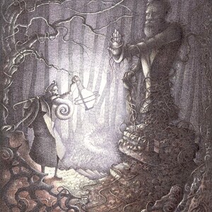 May include: A black and white illustration of a person holding a lantern in a dark forest. The person is wearing a long coat and has a snail on their back. The forest is filled with trees and vines. There is a large, shadowy figure in the background.
