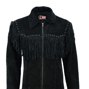 Mens Suede Black Cowboy Western Leather Jacket With Fringe Tassels image 1