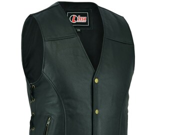 Mens Real Leather Plain Motorcycle Biker Waistcoat Vest in Black 