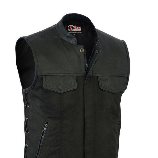 Nouveau gilet mens Codura Biker/Vest Black Real Leather Trim Side Lacé