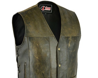 Mens Motorcycle Biker Waistcoat 10 Pocket Distressed Brown Leather Vest Gillette Side Laces