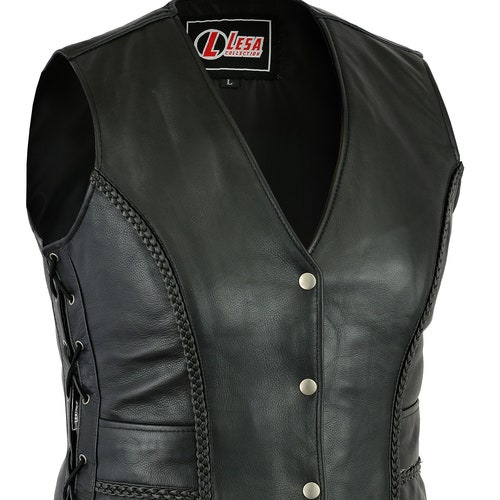 Desirable Women Ladies Real Black Leather Bikers Waistcoat Vest Front Press Studs