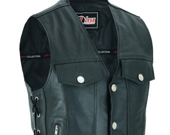 Mens Real Leather Waistcoat Motorcycle Biker Style Black Side Laces Vest