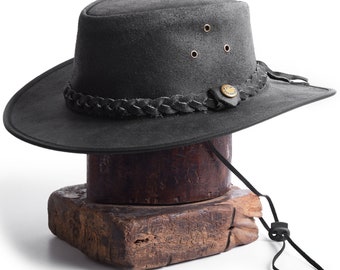 Cuero negro Cowboy Outback Western Aussie style Vintage hat Hecho a mano