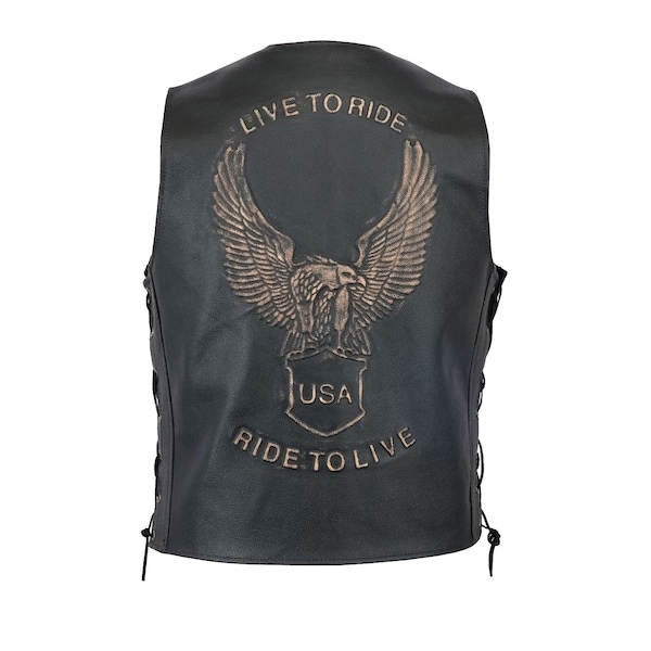 Leather Mens Motorcycle Black Vests Motorbike Biker Embossed Eagle design Waistcoat Vest with Deep Pockets