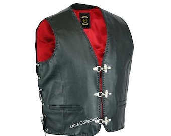 Mens Real Leather Waistcoat Biker Vest Braided With Fish Hook Buckles