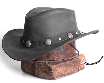 Cowboy Western Style Hat Leather Black Quality Leather Hat Buffalo Coin