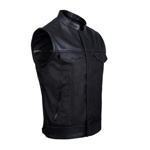 Mens Real Leather Trim Vests Collar Sons of Anarchy Cordura Biker Waistcoat with Dual Closure YKK Zipper and Snaps