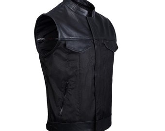 Mens Real Leather Trim Vests Collar Sons of Anarchy Cordura Biker Waistcoat with Dual Closure YKK Zipper and Snaps