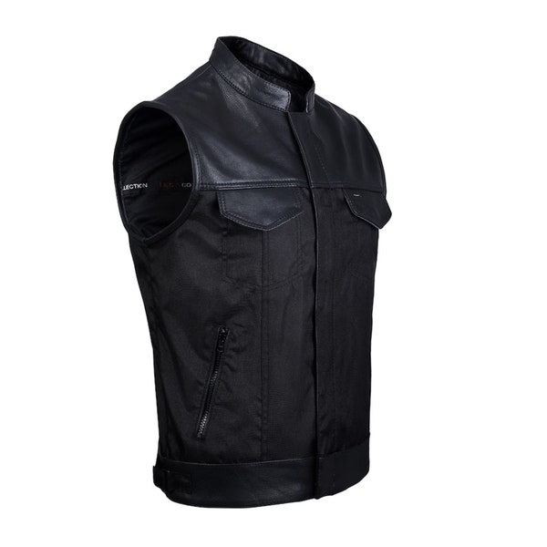 Vestes homme avec bordure en cuir véritable, col Sons of Anarchy, gilet motard en Cordura avec double fermeture, fermeture éclair YKK et boutons-pression