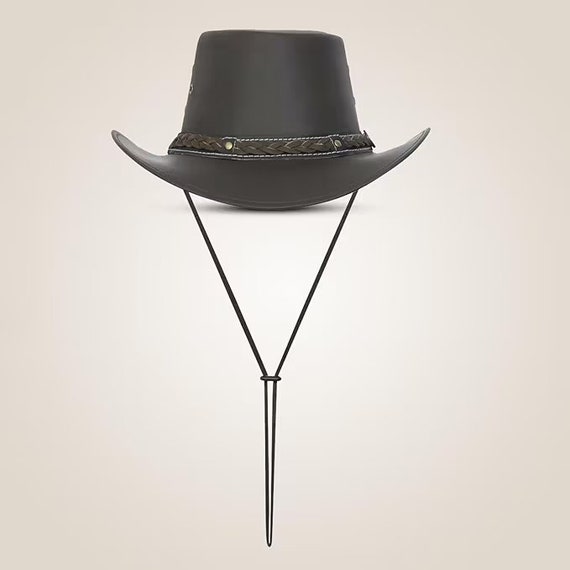 Lesa Collection Handmade Oiled Finish Leather Classic Australian Western Outback Bush Hat Wide Brim Cowboy Hat with Free Chin Strap - Black