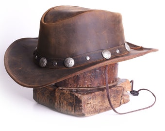 Sombrero de cuero estilo vaquero occidental Buffalo Coin Brown Outback Bush Hat con banda de cuero Conchos