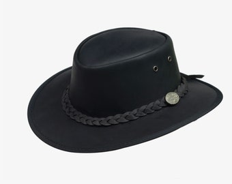 Australian Style Leather Cowboy Black Bush Hat Cowboy Western With Chin Strap