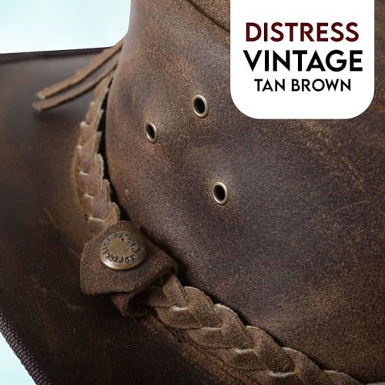 Lesa Collection Sombrero antiguo de cuero estilo australiano Cowboy Outback en bronceado vintage imagen 7