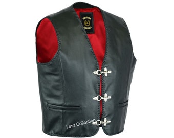 Mens Real Leather Waistcoat Biker Vest Braided With Fish Hook Buckles