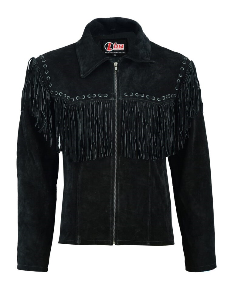 Mens Suede Black Cowboy Western Leather Jacket With Fringe Tassels image 1