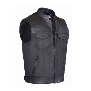 Mens Real Leather Trim Vests Collar Sons of Anarchy Cordura Biker Waistcoat with Dual Closure YKK Zipper and Snaps image 2