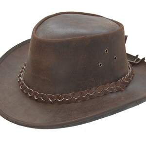 Leather Cowboy Western Adjustable Chin Strap Aussie Style Bush Hat - Brown