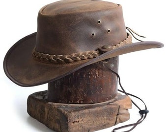 Lesa Collection Sombrero antiguo de cuero estilo australiano Cowboy Outback en bronceado vintage