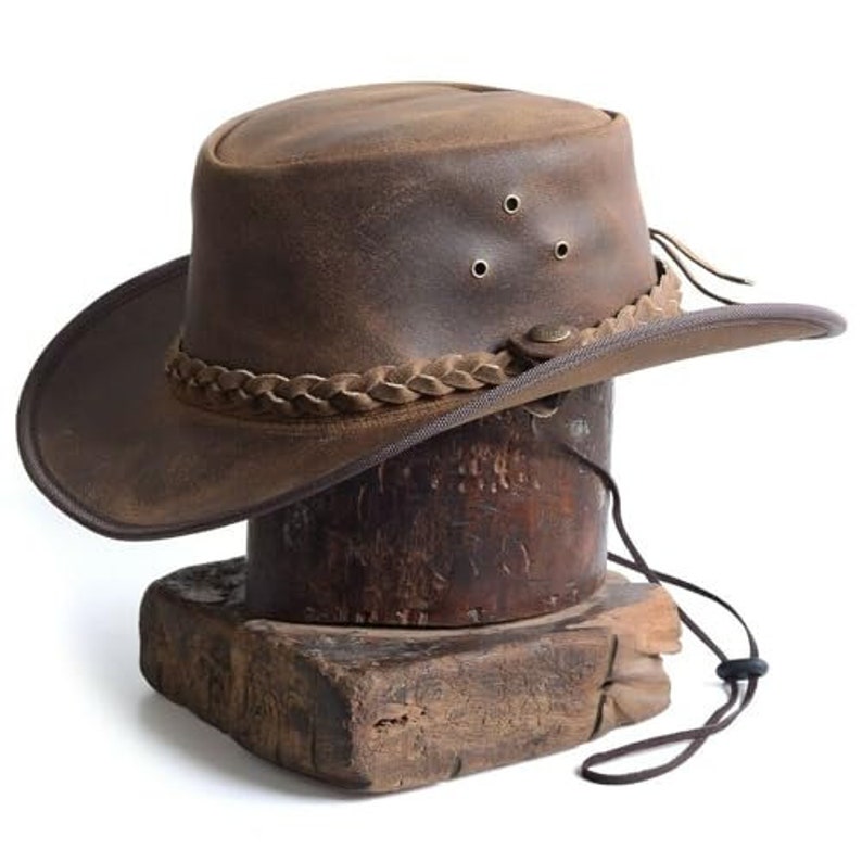 Lesa Collection Sombrero antiguo de cuero estilo australiano Cowboy Outback en bronceado vintage imagen 1