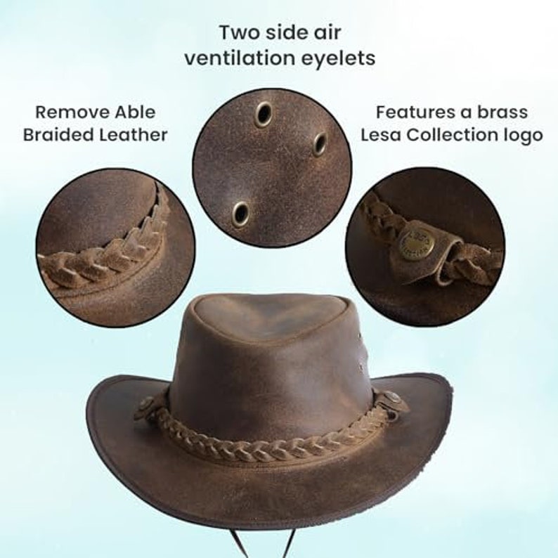 Lesa Collection Sombrero antiguo de cuero estilo australiano Cowboy Outback en bronceado vintage imagen 6