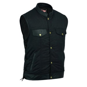 Mens Side Lace Biker Style SOA Vest Leather Trim & Black Denim Waistcoat