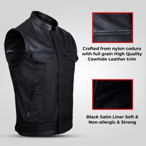 Mens Real Leather Trim Vests Collar Sons of Anarchy Cordura Biker Waistcoat with Dual Closure YKK Zipper and Snaps image 8