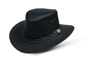 Sombrero de vaquero australiano de cuero real, sombrero negro estilo Outback Bush, sombrero de ala, para hombres y mujeres