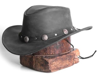 Chapeau de cow-boy de style occidental en cuir Chapeau en cuir noir de qualité Buffalo Coin