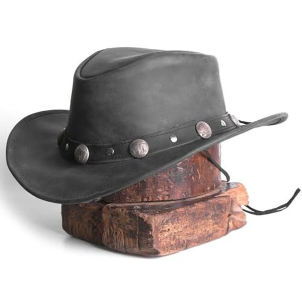Cowboy Western Style Hut, Leder Schwarz Qualität Lederhut, Buffalo Münze