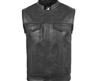 Men's SOA Style  Motorcycle Cut Off Vest Chrome Biker Riding and Fashion Cut Sleeveless Real Leather Waistcoat with Deep Pockets - Black
