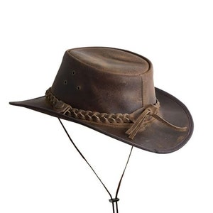 Lesa Collection Sombrero antiguo de cuero estilo australiano Cowboy Outback en bronceado vintage imagen 3