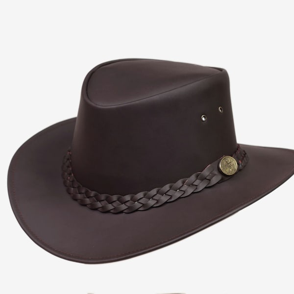 Kids Children's Bush Hats Australian Aussie Brown Leather Cowboy Hat One Size 55cm