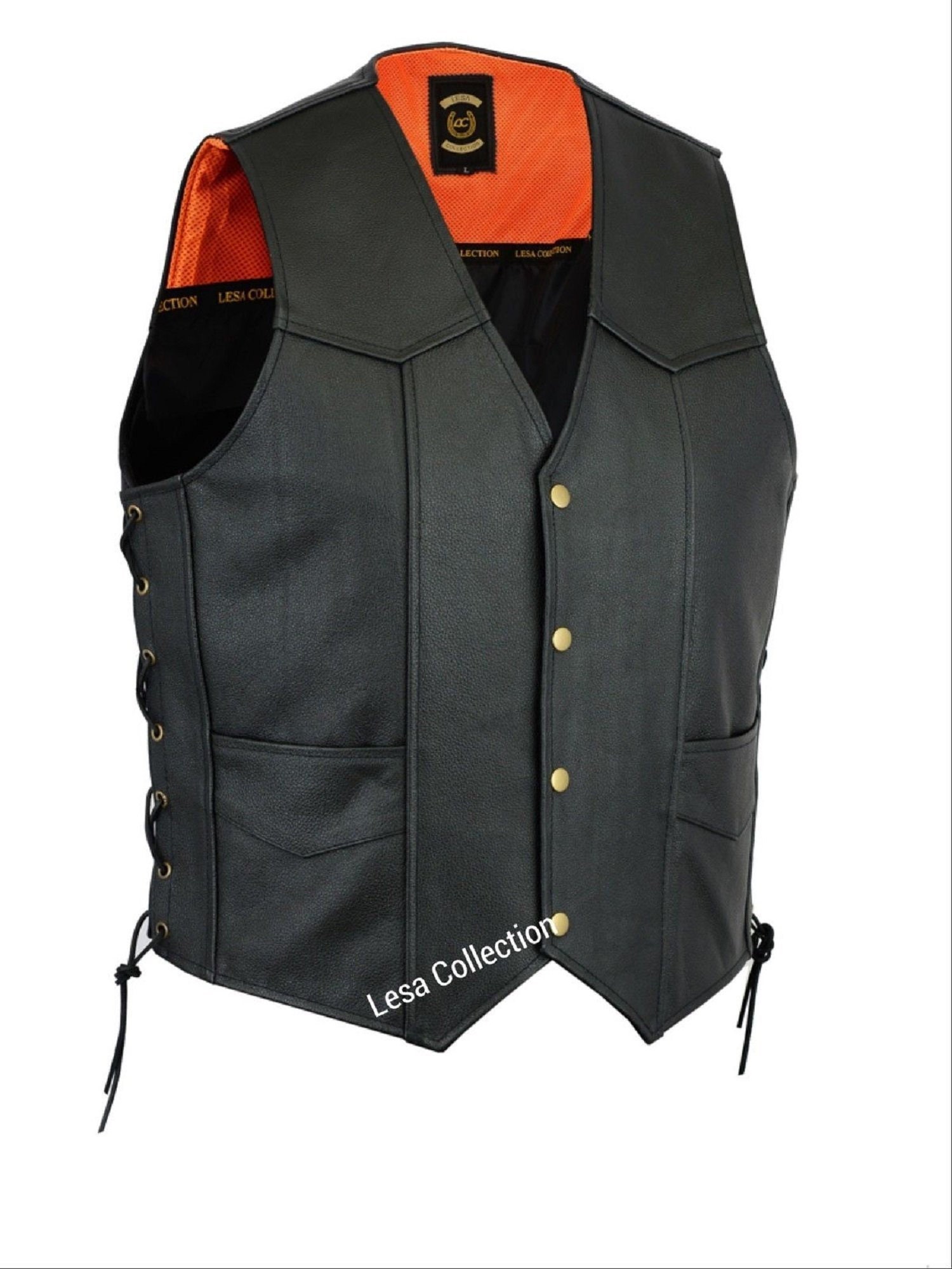 Leather Motorcycle Waistcoat Biker Style Vest Black Side Laced up