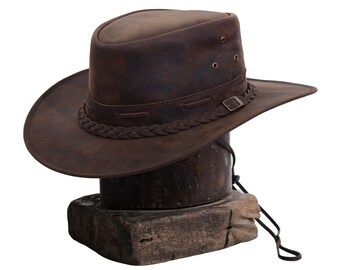 Chapeau de cowboy en cuir Chapeau en cuir véritable Chapeau western à bord large pour homme Style australien