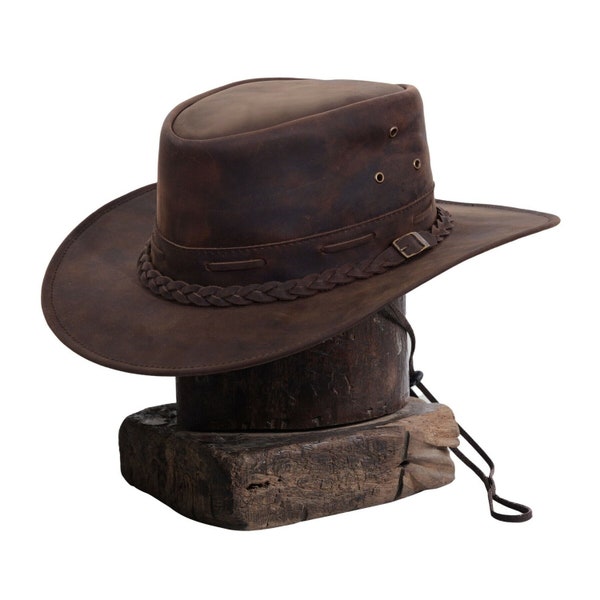 Leder Cowboyhut aus echtem Leder Hut mit breiter Krempe Westernhut Männer Aussie style