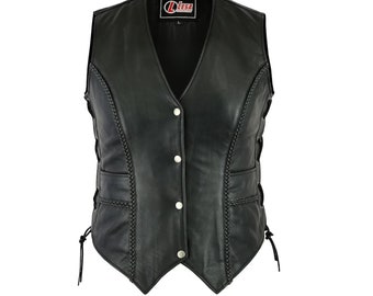 Ladies Leather Black Waistcoat Side Laces Classic Motorcycle  Waistcoat with Deep Pockets - Black  Style Biker Women's Vintage Vests