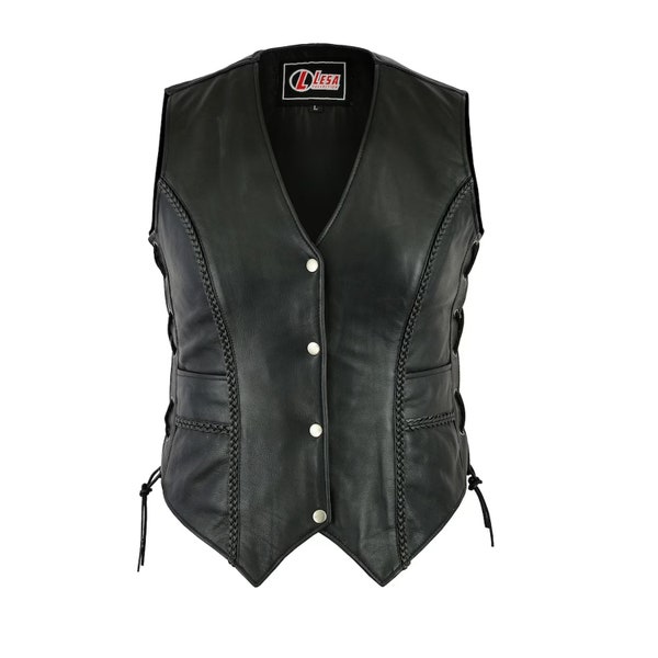 Gilet en cuir noir pour femme avec lacets latéraux Gilet de moto classique avec poches profondes - Vestes de motard vintage pour femmes de style noir