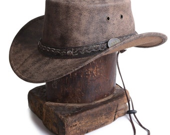 Sombrero clásico Outback plegable, plegable, desgastado, de cuero para cejas, estilo australiano