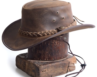 Leather Aussie style Cowboy  Outback Antique Hat in Vintage  Tan Brown