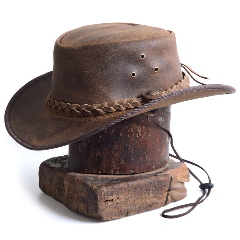 Leather Aussie style Cowboy  Outback Antique Hat in Vintage  Tan Brown