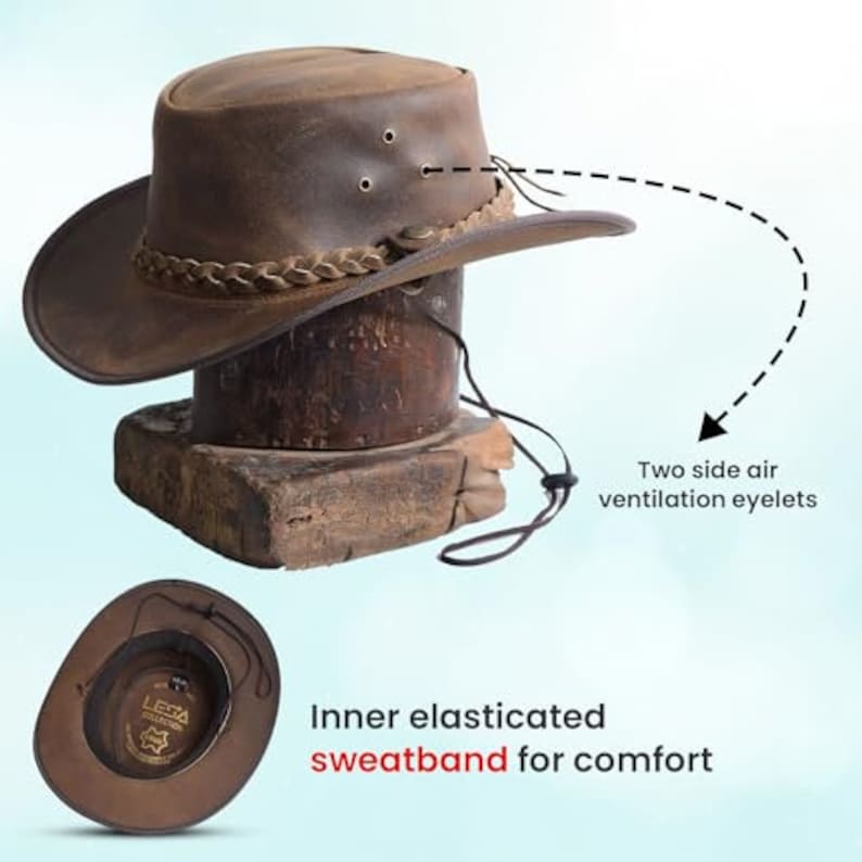 Lesa Collection Sombrero antiguo de cuero estilo australiano Cowboy Outback en bronceado vintage imagen 8