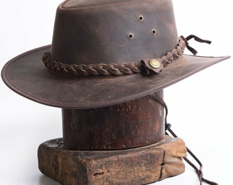 Crazy Leather Cowboy Outback  pull-up waxy finish Vintage Brown hat Handcrafted