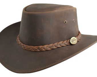 Mens Distressed Leather Western Outback Australian Hat Bush kapelusz Brązowy