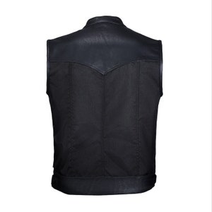 Mens Real Leather Trim Vests Collar Sons of Anarchy Cordura Biker Waistcoat with Dual Closure YKK Zipper and Snaps image 4