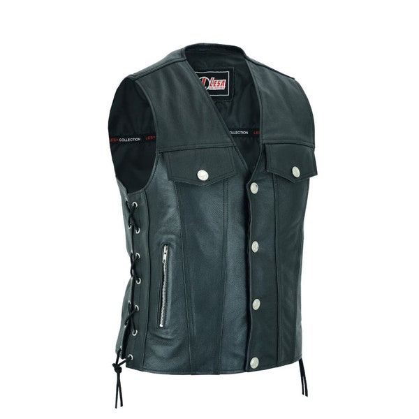 Mens Real Leather Waistcoat Motorcycle Biker Style Black Side Laces Vest