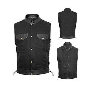 Mens Biker Style Denim Club Vest Side Lace Waistcoat With Real Leather Trim