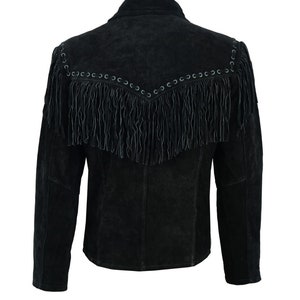 Mens Suede Black Cowboy Western Leather Jacket With Fringe Tassels image 3