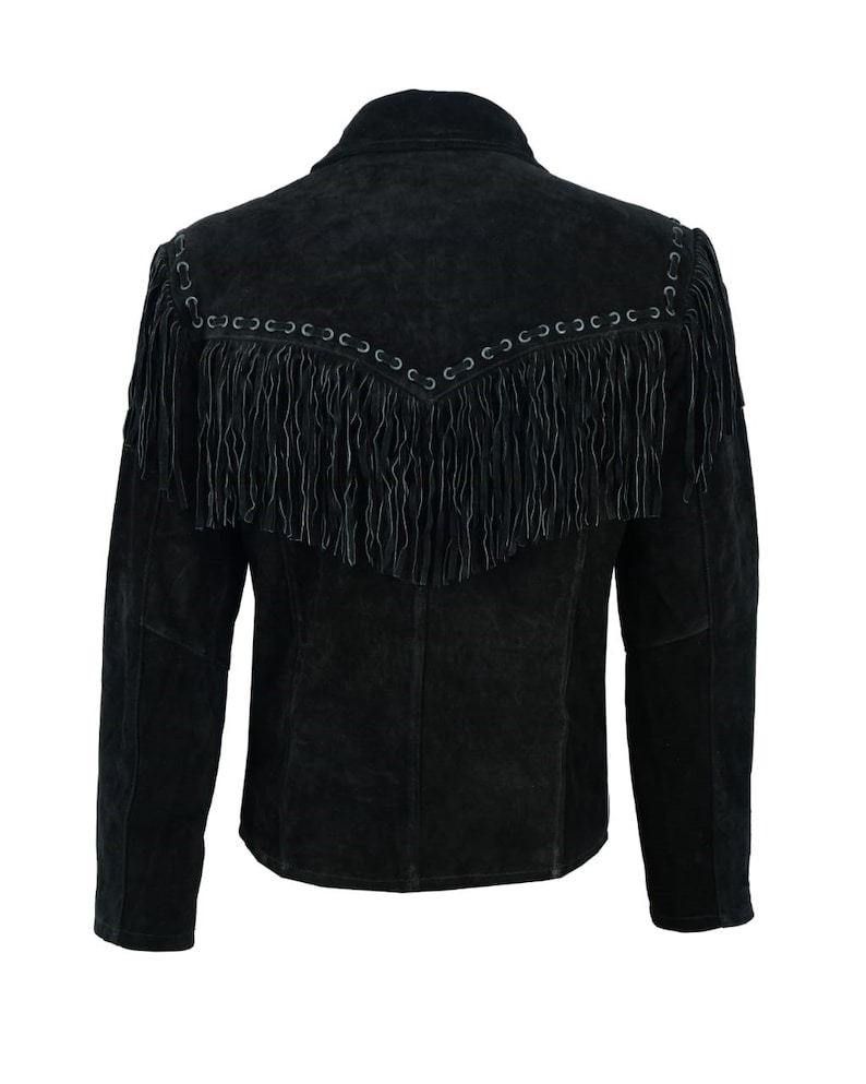 Mens Suede Black Cowboy Western Leather Jacket With Fringe Tassels image 3